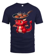 Cute Dragon Cooking Steak Funny BBQ Cartoon T-Shirt Tee - navy t-shirt on white background