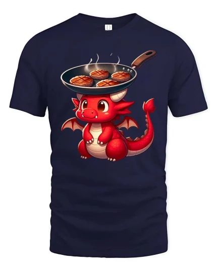Cute Dragon Cooking Steak Funny BBQ Cartoon T-Shirt Tee - navy t-shirt on white background