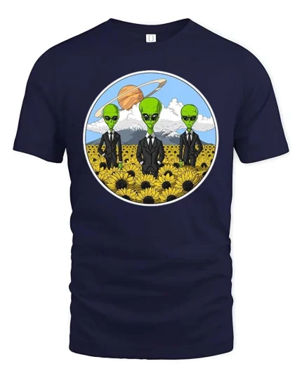 Funny Alien Agents Sunflower Field UFO Sci-Fi T-Shirt Tee - navy t-shirt on white background