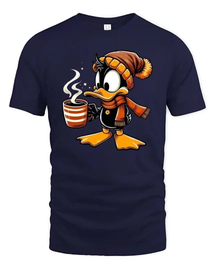 Cute Winter Duck Coffee Lover Cartoon T-Shirt Cozy Tee - navy t-shirt on white background