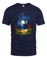Moonlight Forest Camping Campfire Nature T-Shirt Graphic Tee - navy t-shirt on white background
