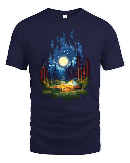 Moonlight Forest Camping Campfire Nature T-Shirt Graphic Tee - navy t-shirt on white background