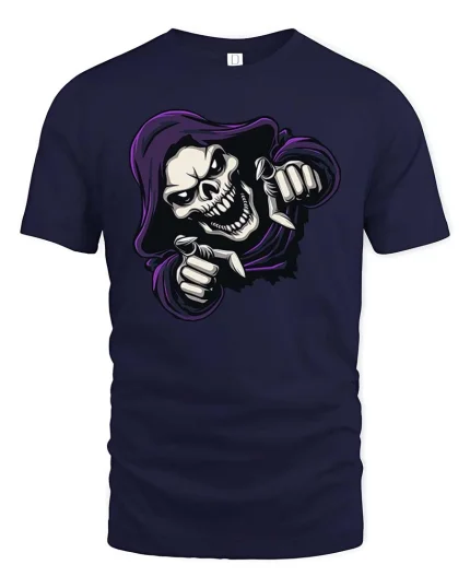 Grim Reaper Skull Pointing Funny Gothic Halloween T-Shirt Tee - navy t-shirt on white background