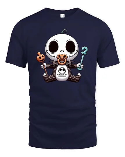 Cute Halloween Skeleton Baby Pumpkin Training T-Shirt Tee - navy t-shirt on white background