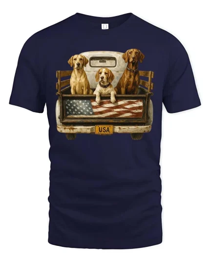 Patriotic Hunting Dogs USA Flag Truck Bed T-Shirt Tee - navy t-shirt on white background