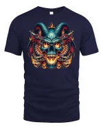 Demonic Skull Dragon Flames Gothic Horror T-Shirt Tee - navy t-shirt on white background