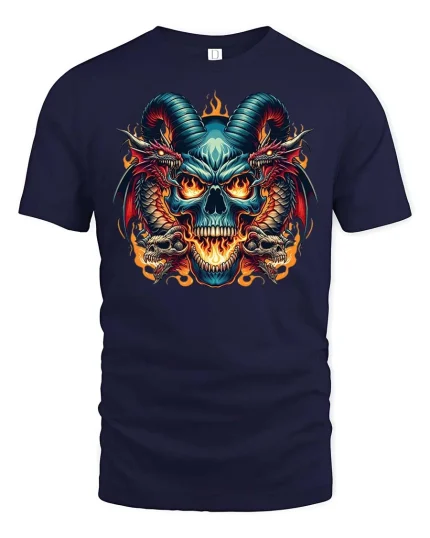 Demonic Skull Dragon Flames Gothic Horror T-Shirt Tee - navy t-shirt on white background