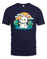Cute Bunny Weightlifting Gym Fitness Cartoon T-Shirt Tee - navy t-shirt on white background