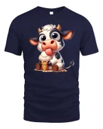 Cute Cow Eating Ice Cream Funny Farm Animal T-Shirt Tee - navy t-shirt on white background