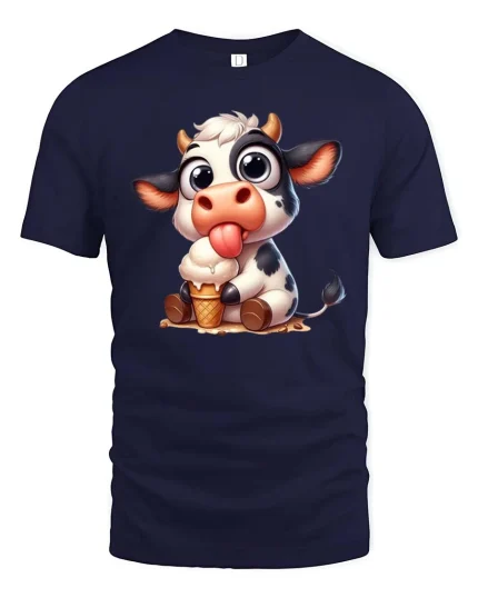 Cute Cow Eating Ice Cream Funny Farm Animal T-Shirt Tee - navy t-shirt on white background