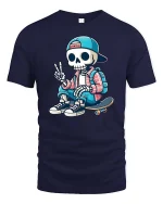 Cool Skeleton Skateboard Street Style Funny T-Shirt Tee - navy t-shirt on white background