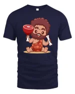 Funny Caveman Meat Cartoon Prehistoric Humor T-Shirt Tee - navy t-shirt on white background