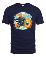 Flaming Skull Biker Motorcycle Gothic Rider T-Shirt Tee - navy t-shirt on white background