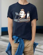 Funny Chicken Workout Gym Fitness Cartoon T-Shirt Tee - model wearing navy tee with hands in pockets