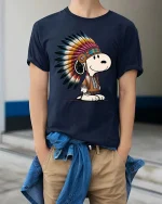 Cute Dog Native American Headdress Cartoon T-Shirt Tee - model wearing navy tee with hands in pockets