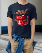 Cute Dragon Cooking Steak Funny BBQ Cartoon T-Shirt Tee - model wearing navy tee with hands in pockets