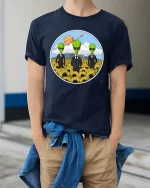 Funny Alien Agents Sunflower Field UFO Sci-Fi T-Shirt Tee - model wearing navy tee with hands in pockets