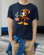 Cute Winter Duck Coffee Lover Cartoon T-Shirt Cozy Tee - model wearing navy tee with hands in pockets