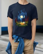 Moonlight Forest Camping Campfire Nature T-Shirt Graphic Tee - model wearing navy tee with hands in pockets