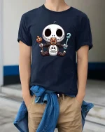 Cute Halloween Skeleton Baby Pumpkin Training T-Shirt Tee - model wearing navy tee with hands in pockets