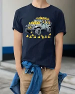 Funny Jeep Rubber Duck Offroad Driver T-Shirt Graphic Tee - model wearing navy tee with hands in pockets