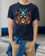 Demonic Skull Dragon Flames Gothic Horror T-Shirt Tee - model wearing navy tee with hands in pockets