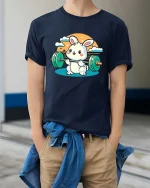 Cute Bunny Weightlifting Gym Fitness Cartoon T-Shirt Tee - model wearing navy tee with hands in pockets