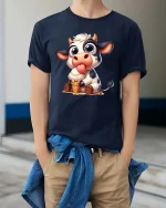Cute Cow Eating Ice Cream Funny Farm Animal T-Shirt Tee - model wearing navy tee with hands in pockets