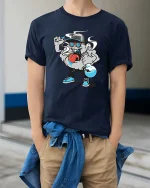 Funny Science Lab Chemist Cartoon Chemistry T-Shirt Tee - model wearing navy tee with hands in pockets