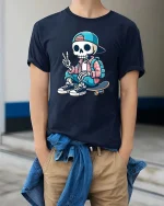 Cool Skeleton Skateboard Street Style Funny T-Shirt Tee - model wearing navy tee with hands in pockets