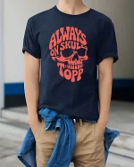 Always On Skull Top Funny Skeleton Graphic T-Shirt Tee - model wearing navy tee with hands in pockets