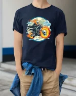 Flaming Skull Biker Motorcycle Gothic Rider T-Shirt Tee - model wearing navy tee with hands in pockets