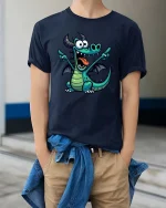 Funny Cartoon Dragon Cute Fantasy Creature T-Shirt Tee - model wearing navy tee with hands in pockets