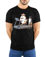 Funny Chicken Workout Gym Fitness Cartoon T-Shirt Tee - model wearing black tee with hands behind back