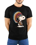 Cute Dog Native American Headdress Cartoon T-Shirt Tee - model wearing black tee with hands behind back