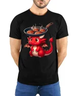 Cute Dragon Cooking Steak Funny BBQ Cartoon T-Shirt Tee - model wearing black tee with hands behind back