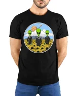 Funny Alien Agents Sunflower Field UFO Sci-Fi T-Shirt Tee - model wearing black tee with hands behind back