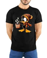 Cute Winter Duck Coffee Lover Cartoon T-Shirt Cozy Tee - model wearing black tee with hands behind back