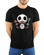 Cute Halloween Skeleton Baby Pumpkin Training T-Shirt Tee - model wearing black tee with hands behind back
