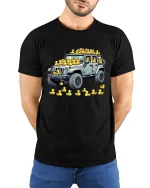 Funny Jeep Rubber Duck Offroad Driver T-Shirt Graphic Tee - model wearing black tee with hands behind back