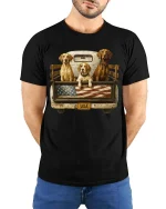 Patriotic Hunting Dogs USA Flag Truck Bed T-Shirt Tee - model wearing black tee with hands behind back