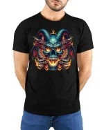 Demonic Skull Dragon Flames Gothic Horror T-Shirt Tee - model wearing black tee with hands behind back