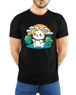 Cute Bunny Weightlifting Gym Fitness Cartoon T-Shirt Tee - model wearing black tee with hands behind back