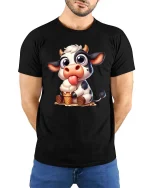 Cute Cow Eating Ice Cream Funny Farm Animal T-Shirt Tee - model wearing black tee with hands behind back