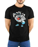 Funny Science Lab Chemist Cartoon Chemistry T-Shirt Tee - model wearing black tee with hands behind back