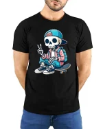Cool Skeleton Skateboard Street Style Funny T-Shirt Tee - model wearing black tee with hands behind back