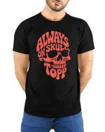 Always On Skull Top Funny Skeleton Graphic T-Shirt Tee - model wearing black tee with hands behind back
