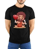 Funny Caveman Meat Cartoon Prehistoric Humor T-Shirt Tee - model wearing black tee with hands behind back
