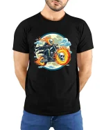 Flaming Skull Biker Motorcycle Gothic Rider T-Shirt Tee - model wearing black tee with hands behind back