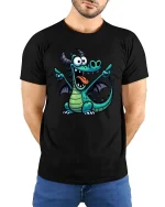 Funny Cartoon Dragon Cute Fantasy Creature T-Shirt Tee - model wearing black tee with hands behind back